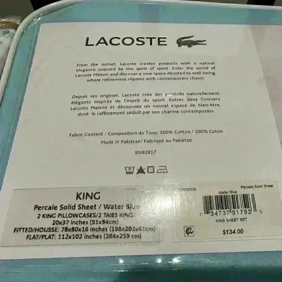 NIP Lacoste King SHEET SET
100% COTTON PERCALE in water blue - Picture 8 of 11